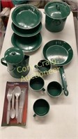 Green enamel ware, 4 plates and cups, coffee pot,