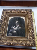 Painted glass picture in antique frame