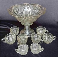 Press Glass Punch Bowl With Vase & 8 cups