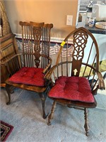 Two Antique Dining Chairs with Red Seat Cushions