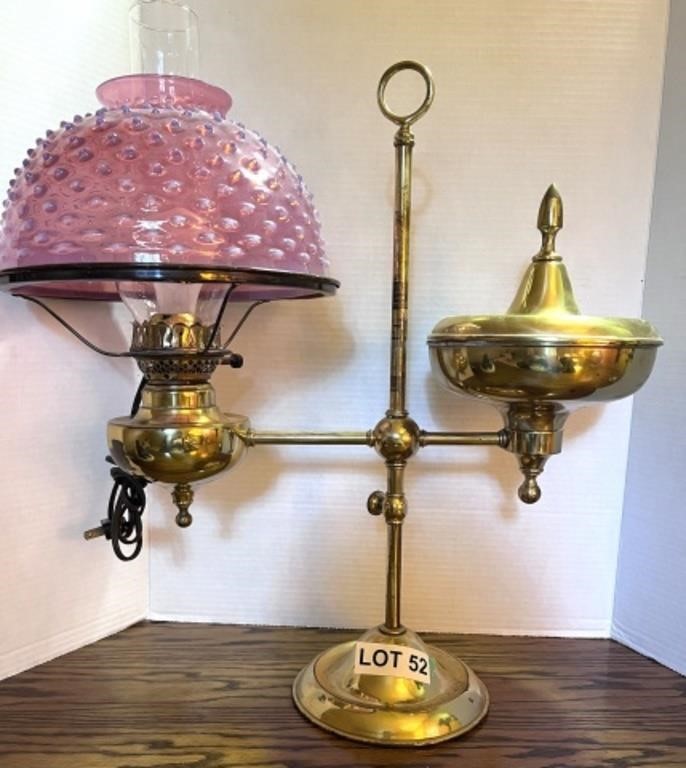 Brass Oil Lamp w/ Fenton Cranberry Hobnail Shade