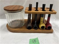 Pipe Holder w/ Tobacco Jar and 4 Pipes