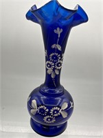 Vintage hand painted cobalt blue glass vase