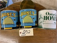 3 honey tins - 2 are James Buchanan, Laurel, Ont.