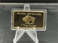 500 Mills .999 Fine Gold 1 Troy OZ Buffalo Bar