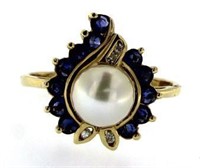 14kt Gold 7 mm Pearl-Sapphire & Diamond Ring