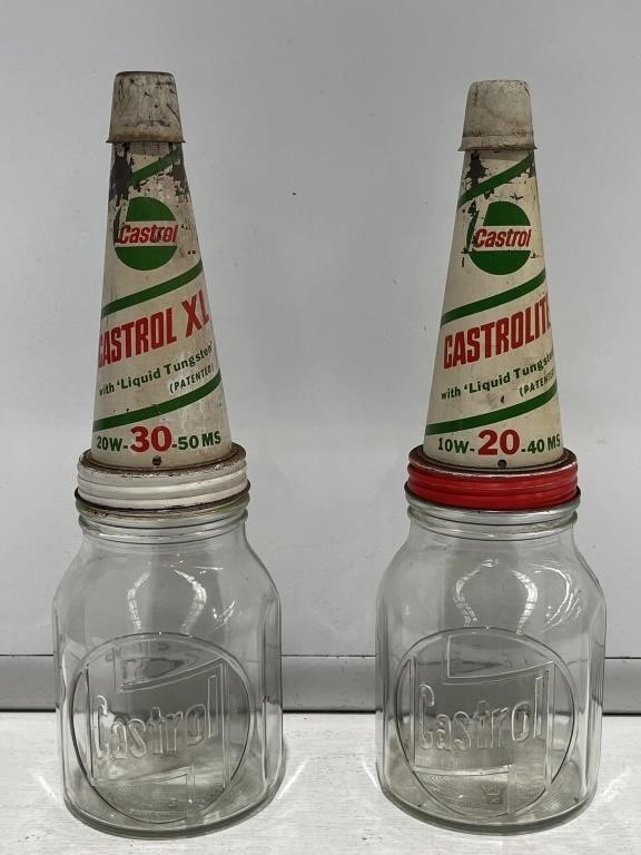 2 x CASTROL Tin Oil Bottle Pourers On Embossed