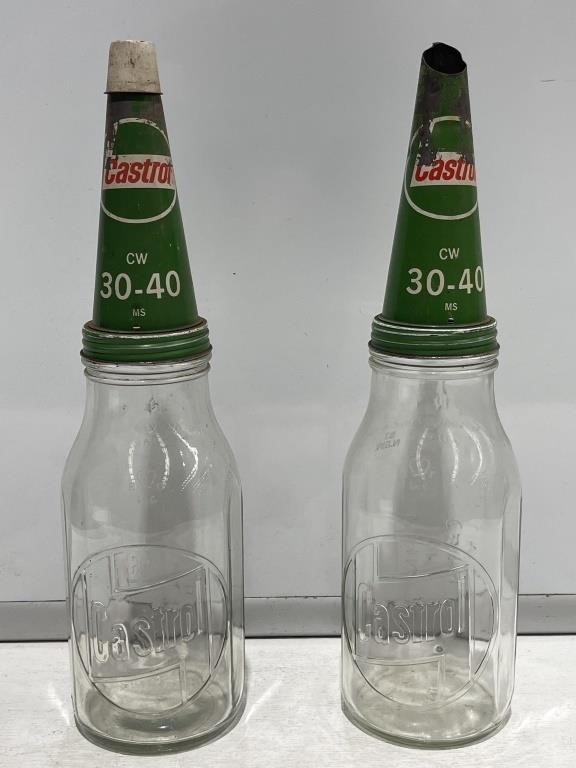 2 x CASTROL Tin Oil Bottle Pourers On Embossed