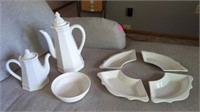 2 COFFEE POTS- BOWL- RELISH DISH OF WHITE