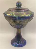 Blue Indiana Carnival Glass Compote Bowl with Lid