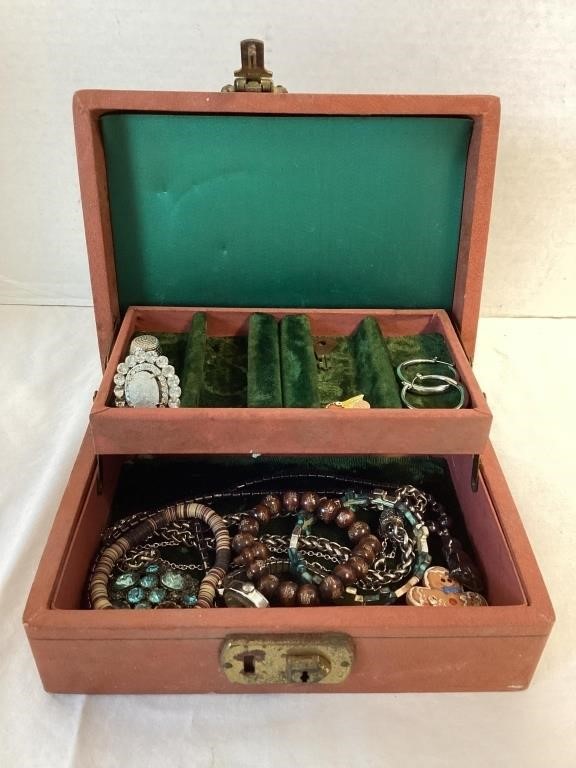 Vintage Jewelry Box with Key and Contents