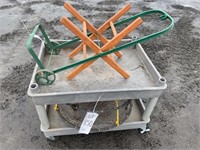 Pallet w/crab pot,shop cart,hose reel & 2 carts