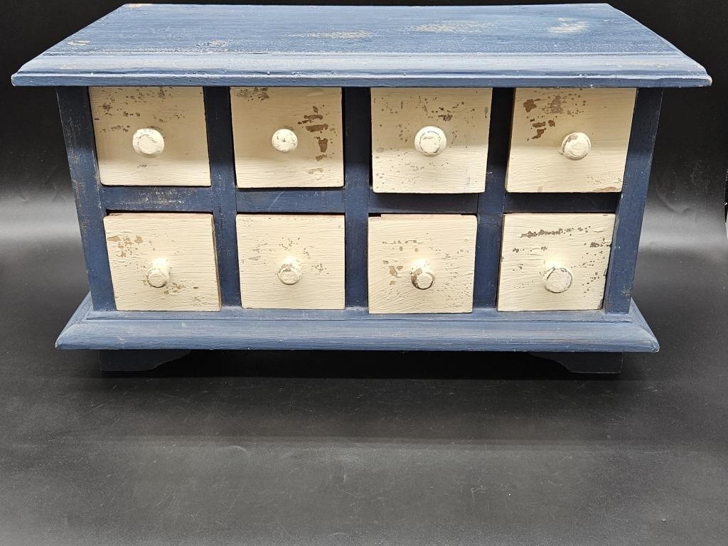 Distress Wood 8 Drawer Cabinet. 17¼ X 8½ X 9½"