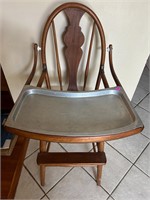Antique Child's High Chair With Metal Tray Cover