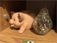 SMALL PIG BANK & CLEAR GLASS PAIR