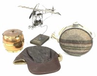 (4pc) Wire Model Airplane, Canteen, Hat, Jar