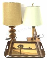(3pc) Wood Serving Tray & Lamps
