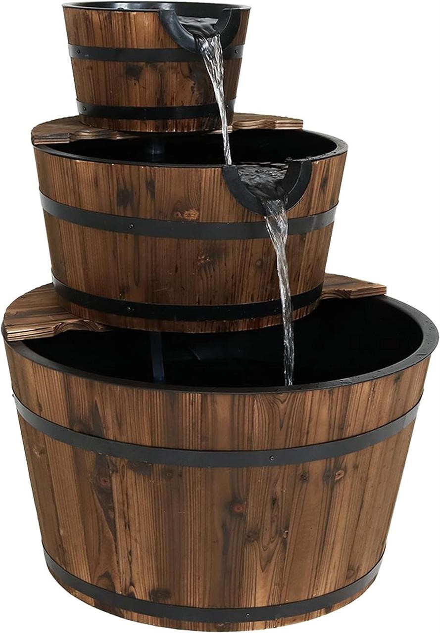 30-Inch 3-Tier Wood Barrel Outdoor Water Fountain