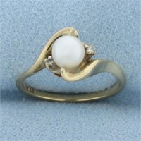 Cultured Pearl and Diamond Ring in 10k Yellow Gold