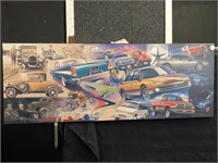 WOOD PLAQUE WITH VINTAGE AUTOMOBILE PICTURES