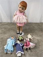 Porcelain Patsy doll, handmade clothes, and small