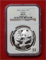 2005 Chinese Panda 10 Yuan NGC MS69 1 Oz Silver