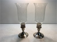 Sterling Candle Holders W/Etched Glass Shades