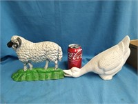 2 Cast Iron Doorstops sheep and goose look at