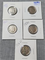 5 Buffalo Nickels, dates as shown