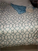 TWIN SIZE TEAL AND TAUPE COMFORTER, SHEETS, SHAM