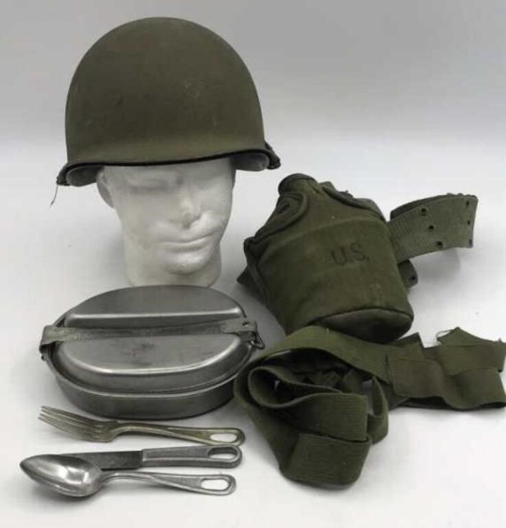 1945 Ww2 Military Helmet, Canister, Mess Kit,