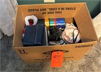 Box lot assorted ribbon, camera