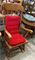 Vintage wood arm chair rocker with red button