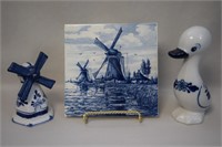 (3) Delfts Holland Pcs: Tile, Duck & Windmill