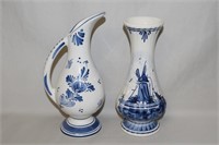 (2) Delfts Holland Ceramic pcs 7" Vase 7.5" Ewer