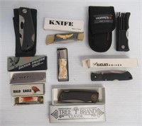 (8) Assorted pocket knives with holsters and