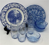 Winthrop College Plate, Blue Glasses and Bowls