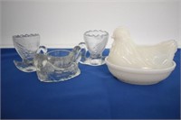 MINI MILK GLASS NESTING HEN 3 1/2"H - 3 EGG CUPS