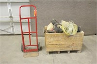 ASSORTED HARDWARE, HOSES, POSTS, AND 2-WHEEL DOLLY