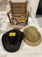 2 COWBOY HATS, CHILDS SWING CHAIR, BOOKS, WESTERN