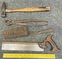 Antique Tools: dovetail saw, nippers, scraper,