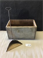 VINTAGE DUST PAN AND WOODEN BOX