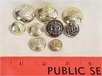 Nine Silver Tone Various Military Buttons