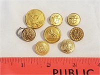 Eight Gold Tone Varioius Military Buttons