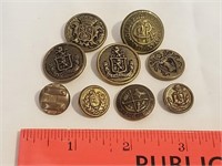 Nine Brass Various Military Buttons