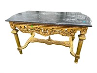 FRENCH MARBLE TOP CARVED GOLD COFFEE TABLE
