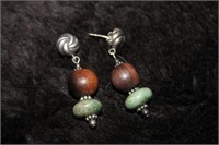 SILVER, WOOD AND TURQOUISE EARRINGS