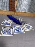 BLUE/WHITE CERAMIC TILES, CLEAR GLASS ROLLING PIN,