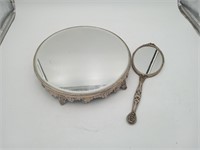 Round mirrored Vanity Tray And hand mirror Silver