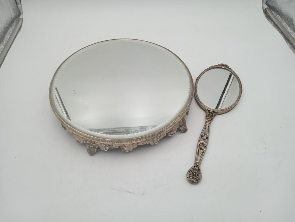 Round mirrored Vanity Tray And hand mirror Silver